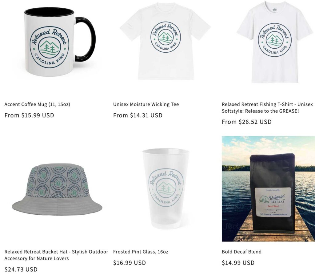 A picture of some of our merch from the Relaxed Retreat online store.